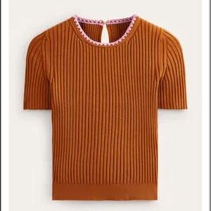 Boden Rust Ribbed Knit Top with Pink Trim